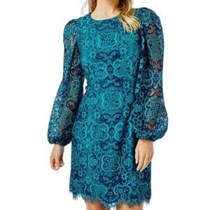 Lilly Pulitzer Georgi Lace‎ Puff Sleeve Dress 4 Valencia Teal Blue Mini Sheath